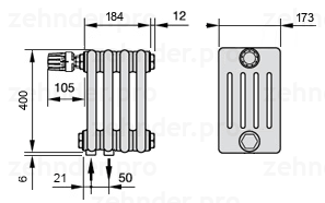 Схема (чертеж) Радиатор Zehnder Charleston 5040/4 №V001 Белый глянцевый RAL 9016